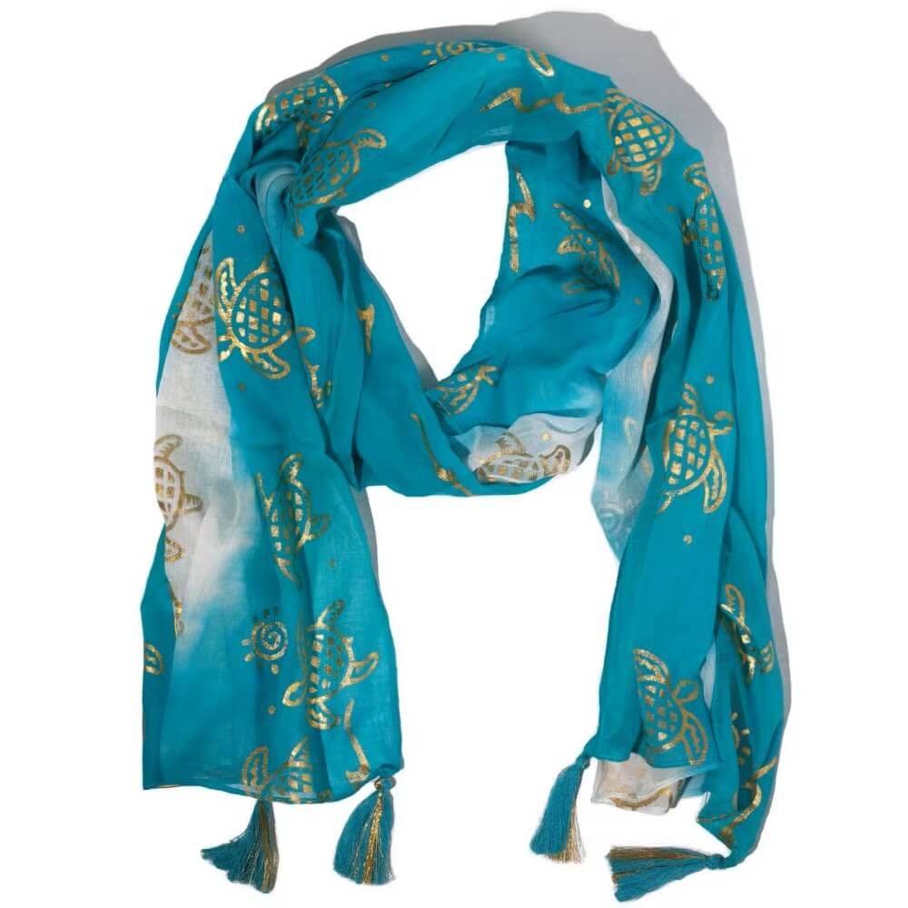 Turkusowa chusta plażowa Nomad Sari w złote żółwie 180 x 50 cm