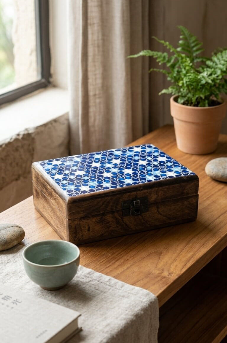 drewniane pudełko z ceramicznym wieczkiem leży na drewnianym stole decobali.pl