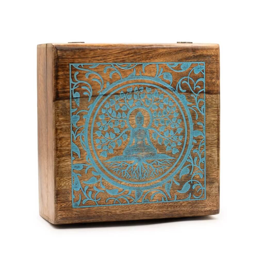 Drewniane pudełko z mango Budda pod drzewem Bodhi 25 x 25 cm