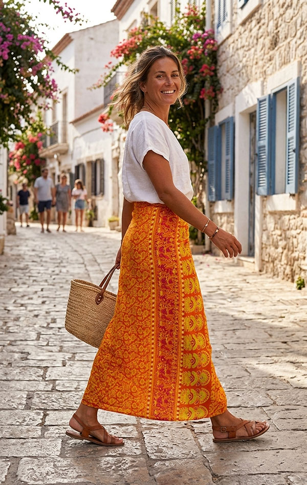 pomarańczowy sarong na kobiecie idącej ulicą brukowana decobali.pl