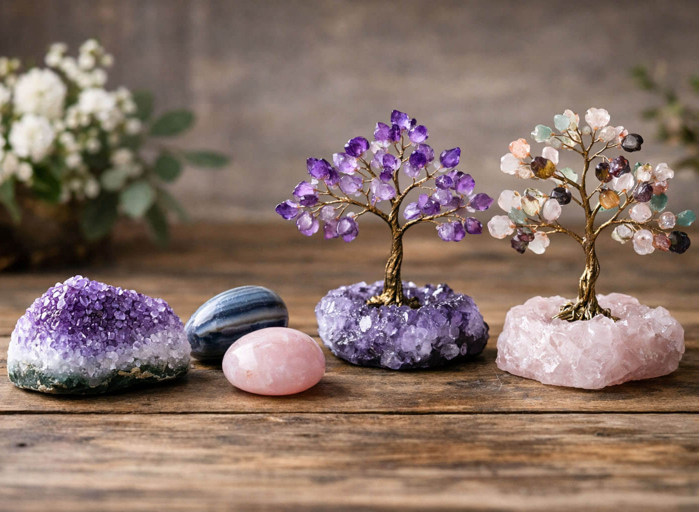 strona z dekoracyjnymi kamieniami naturalnymi, drzewkami szczęscia decobali