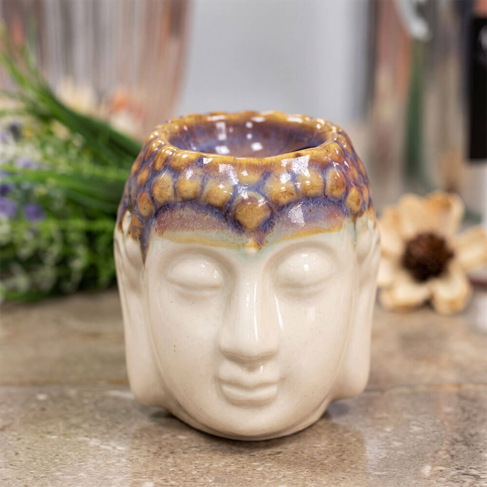 Ceramiczny kominek Budda z brązowo-niebieskim szkliwieniem - detal powierzchni