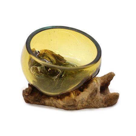 Szklana Miska Wtopiona w Drewno - Żółta