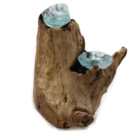 Szklany Świecznik Wtopiony w Drewno - Podwójny