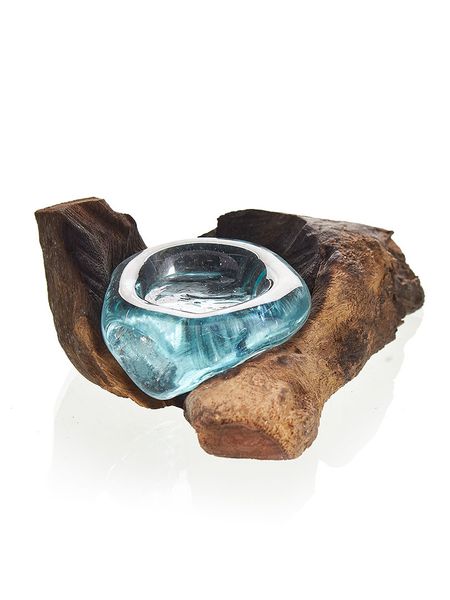 Szklany Świecznik Wtopiony w Drewno - Tealight