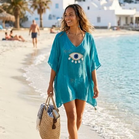 Kremowa tunika plażowa Nomad Sari z niebieskim haftem i chwostami