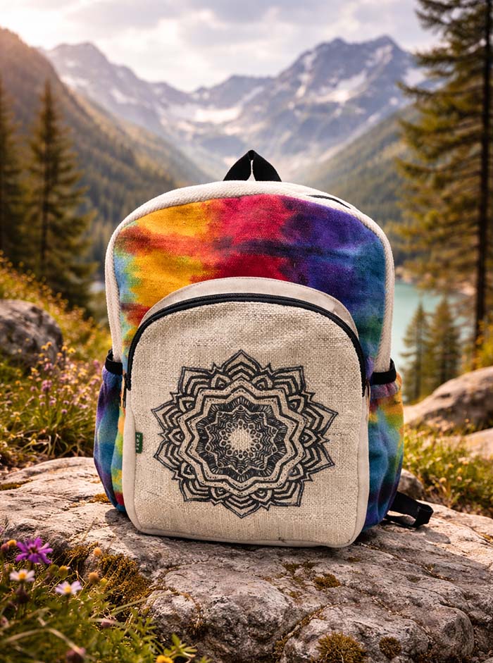 plecak z konopii na tle gór