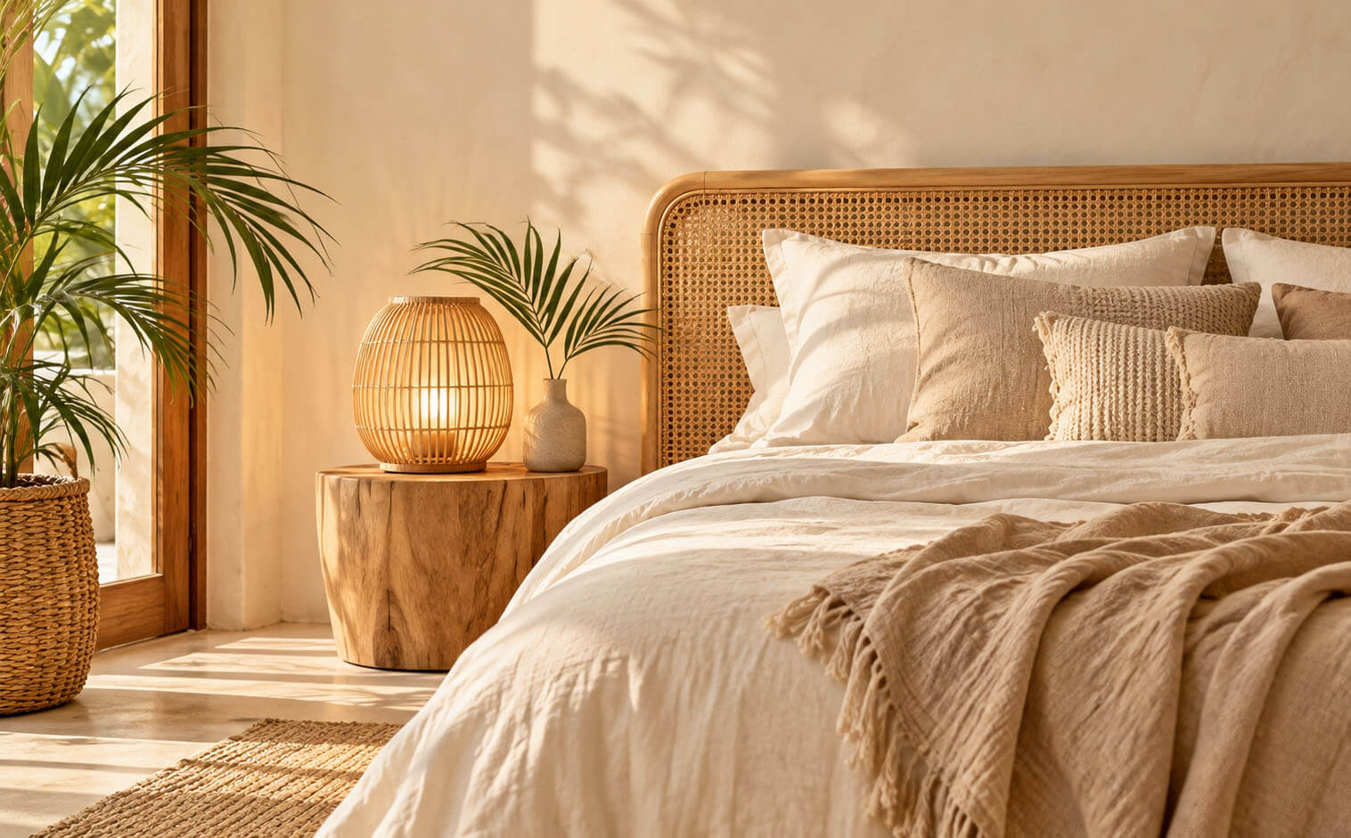 Sypialnia boho w stylu Bali z kwuatami po bokach