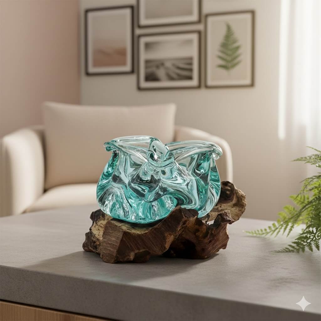 szkło wtopione w kawałku drewna