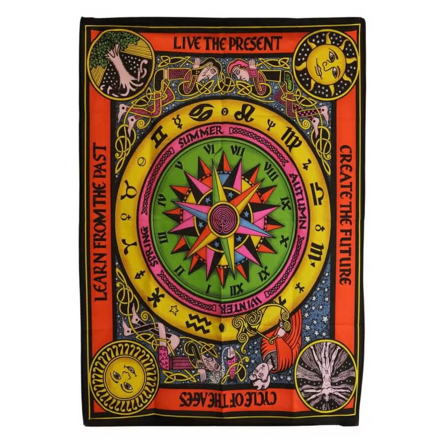 Tkanina na ścianę Koło Życia 70 x 110 cm z kolorowym kompasem i znakami zodiaku