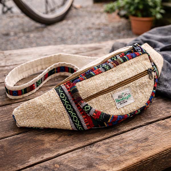 Torebka na biodro z konopi na drewnianym stole