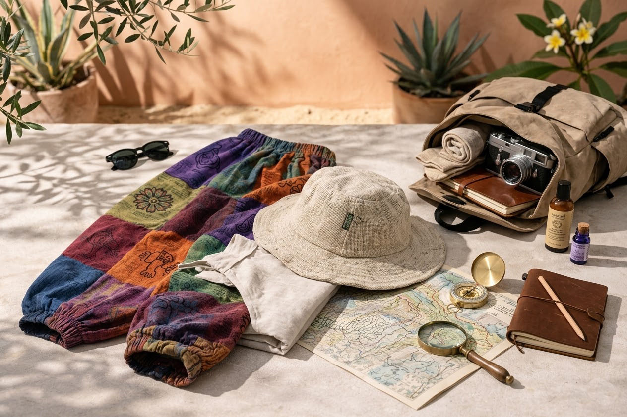 produkty przydatne w podróży kapelusze, spodnie, plecaki, torby